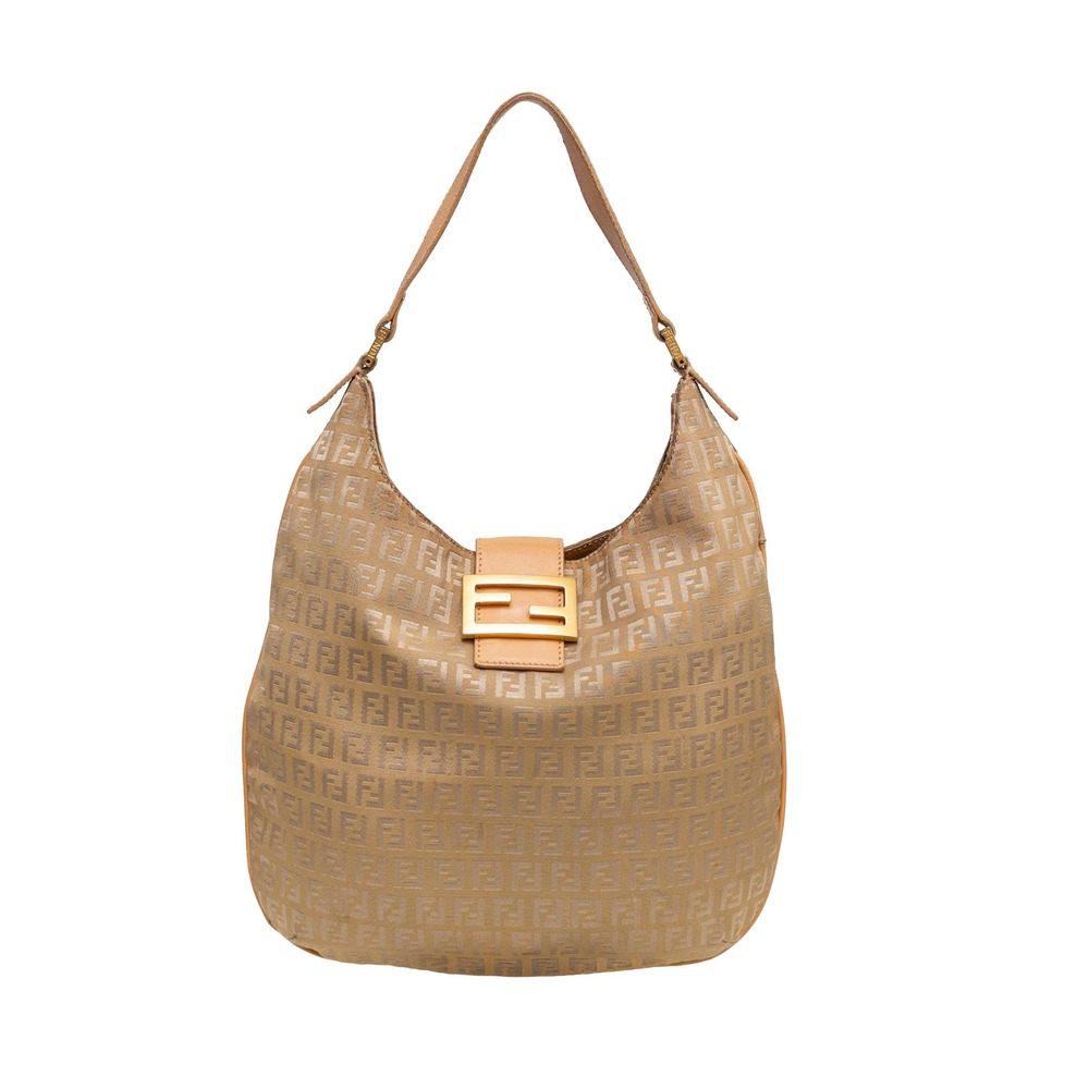 Fendi Zucchino FF Beige Croissant Jacquard Hobo Shoulder Bag Gold Buckle Y2K